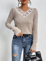 Perfee Lace Detail Ribbed V-Neck Long Sleeve Top