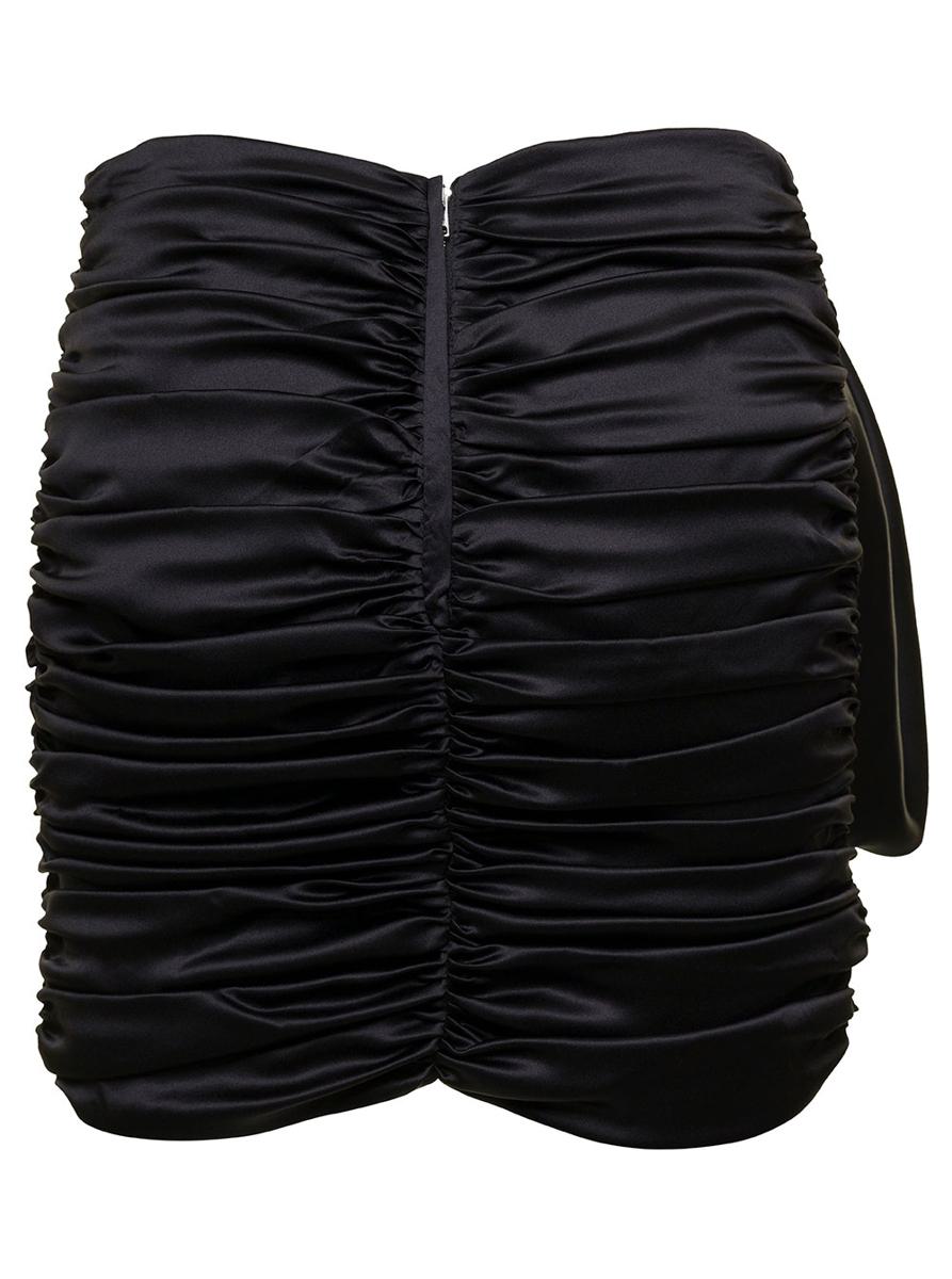 Short Black Draped Skirt With Bow Detail In Stretch Silk Woman