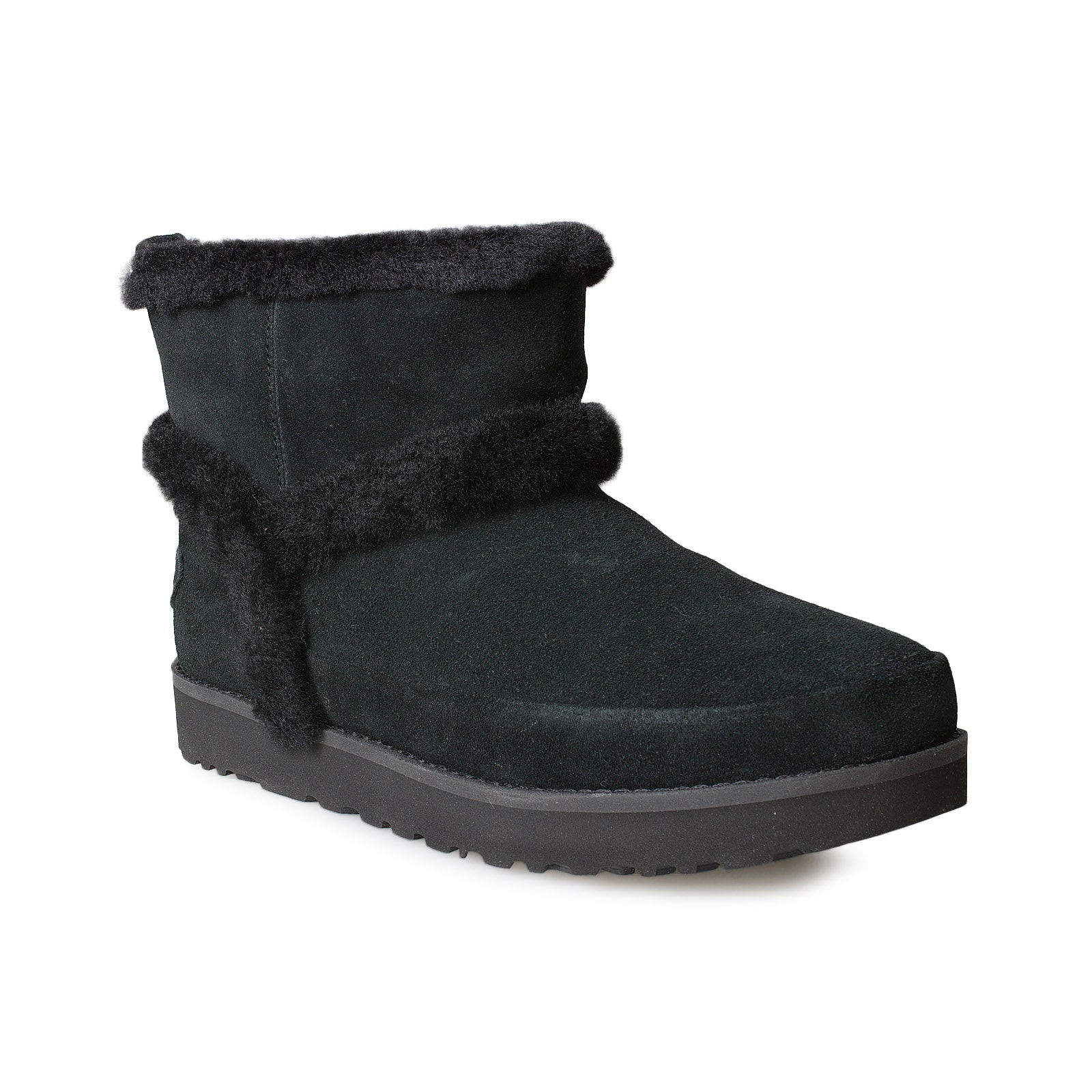 UGG Classic Mini Fluff Spill Seam Black Boots - Women's