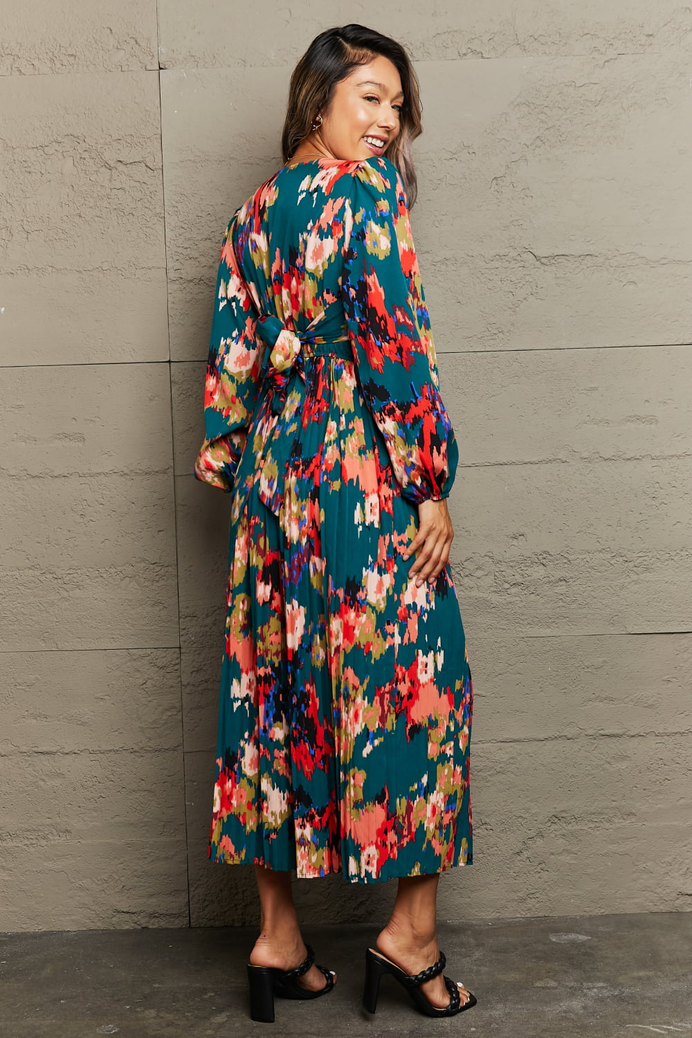 Perfee Printed Deep V Slit Pleated Dress