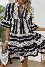 Tiered Printed Notched Half Sleeve Dress