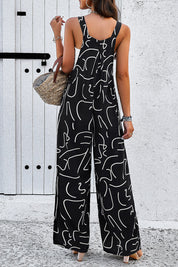 Devine Printed Wide Strap Jumpsuit with Pockets