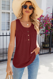 Eyelet Buttoned Round Neck Tank