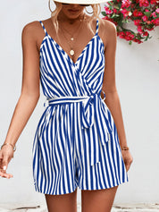 Striped Tie Waist Spaghetti Strap Romper