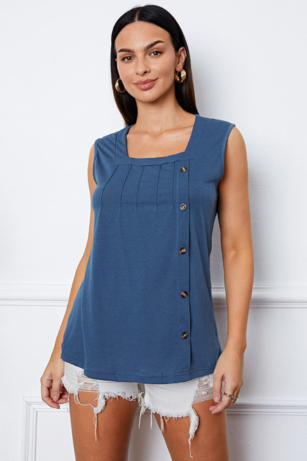 Square Neck Decorative Button Tank