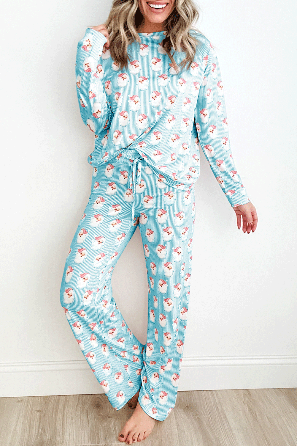 Santa Print Long Sleeve Top and Pants Lounge Set