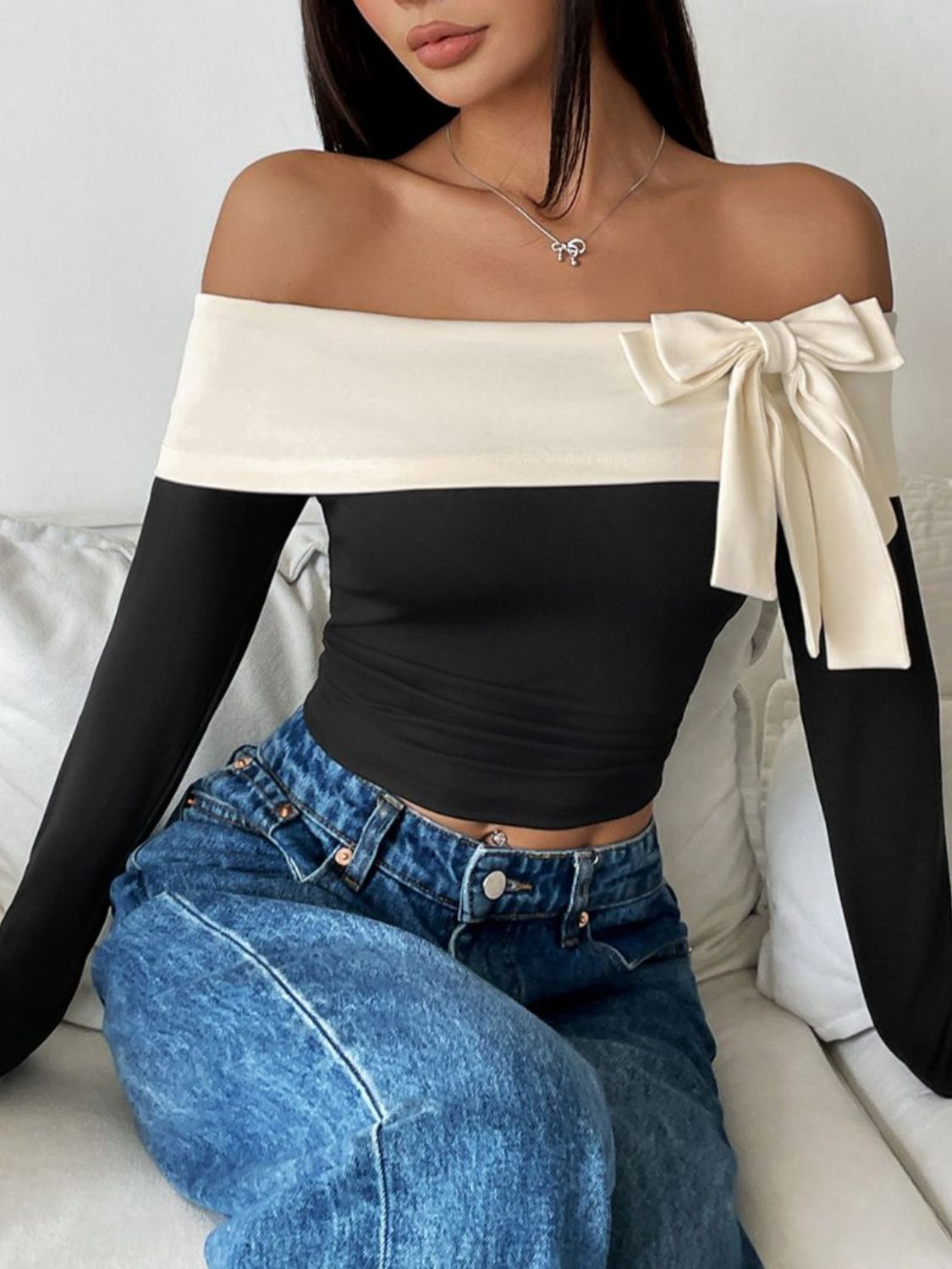 Perfee Bow Contrast Off-Shoulder Long Sleeve Top