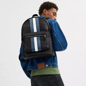 Coach Outlet West Backpack In Signature Canvas With Varsity Stripe