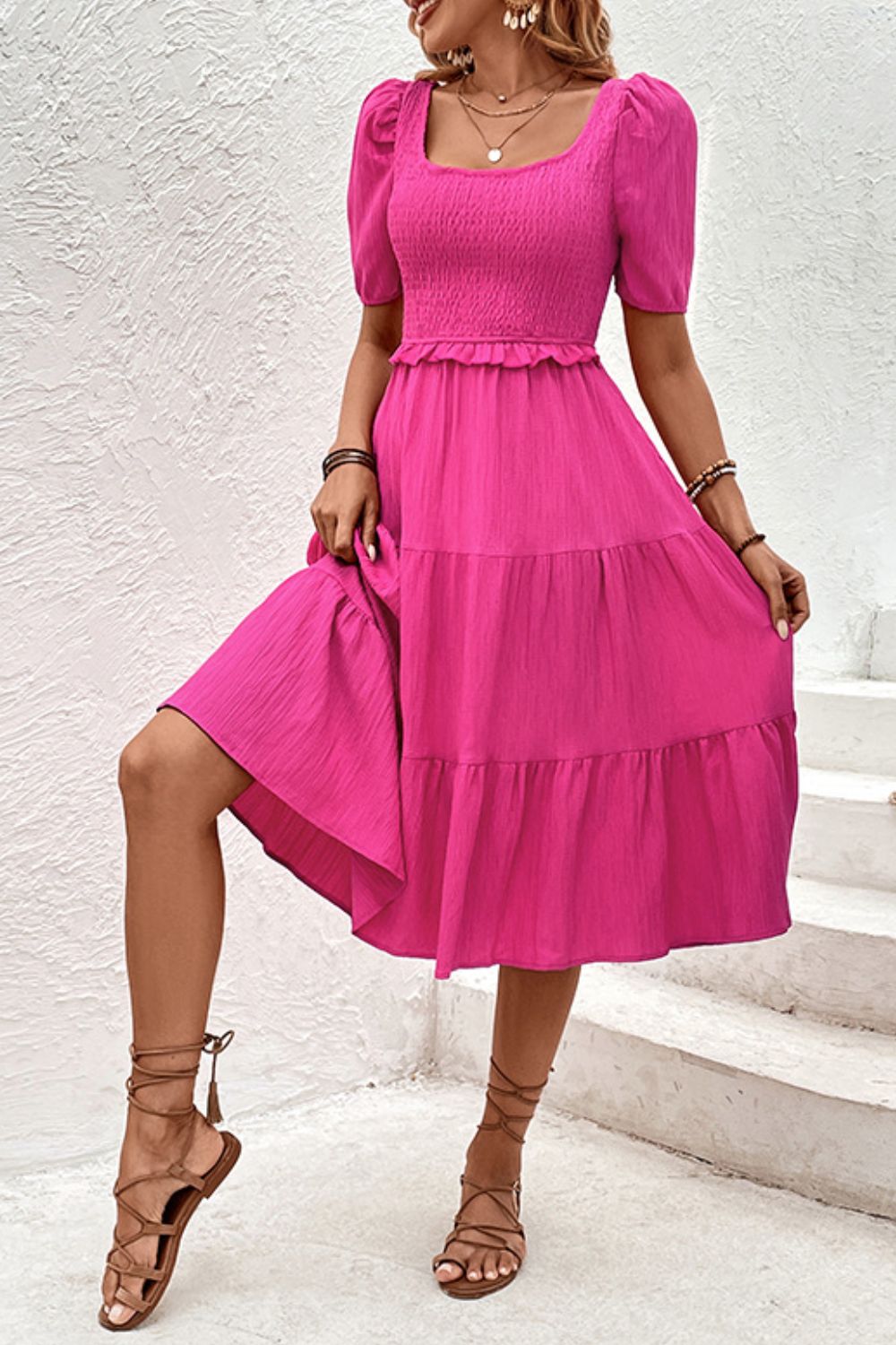 Perfee Square Neck Puff Sleeve Cutout Dress