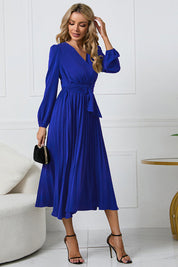 V-Neck Long Sleeve Tie Waist Midi Dress