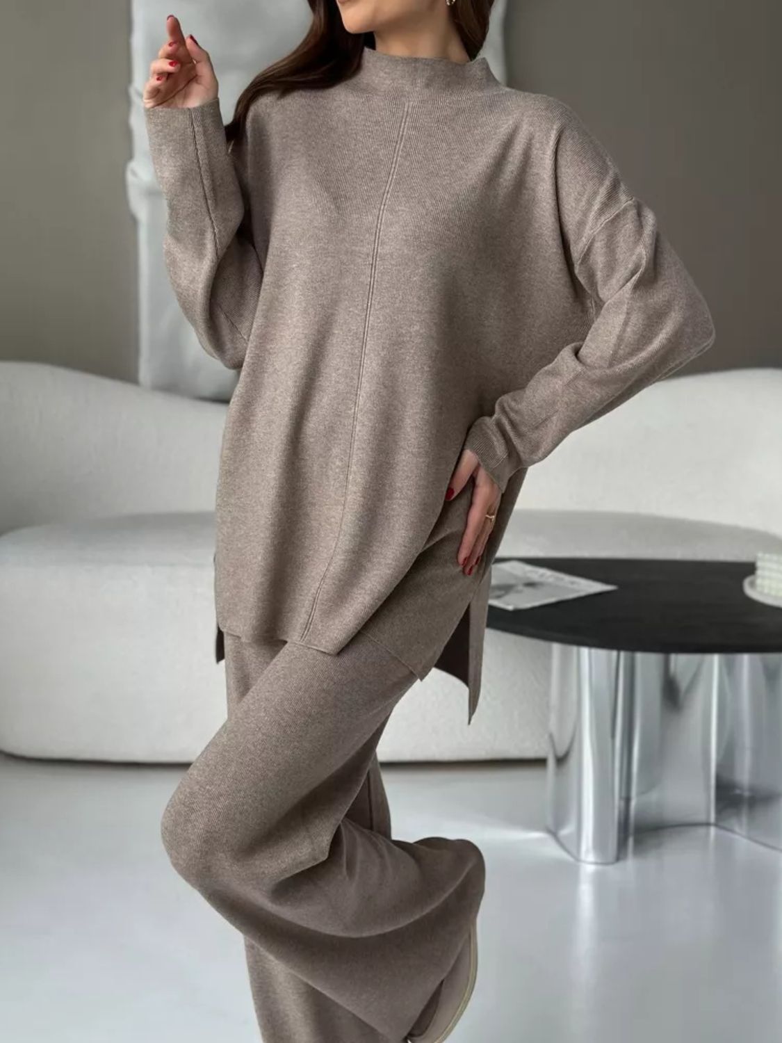 Slit Mock Neck Top and Pants Sweater Set