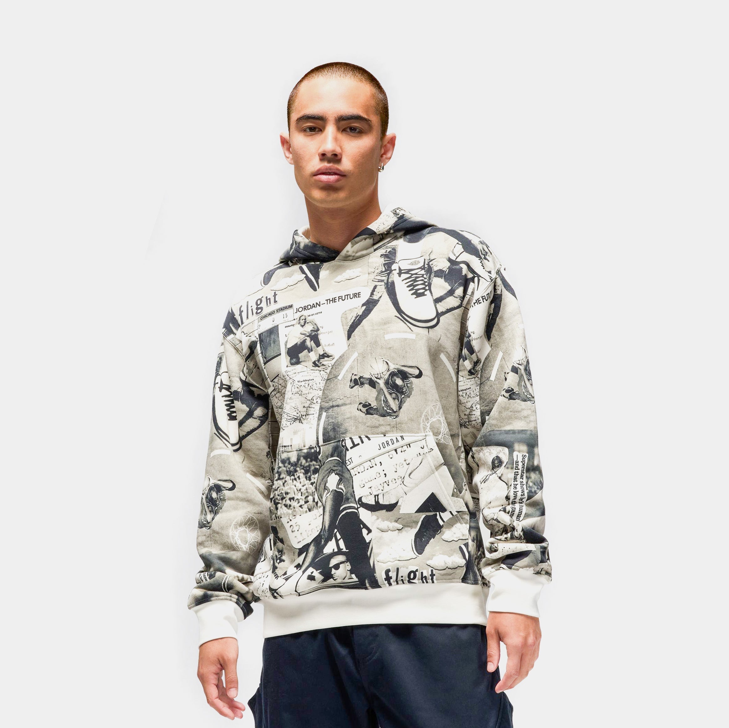 Brooklyn Fleece Flight All Over Print Pullover Mens Hoodie (Black/White)