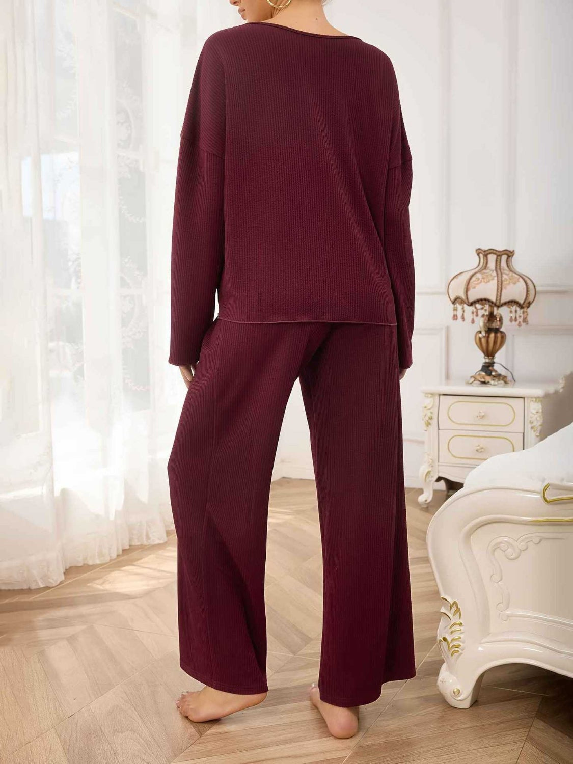 V-Neck Long Sleeve Top and Wide Leg Pants Set