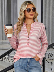 Striped Notched Long Sleeve T-Shirt