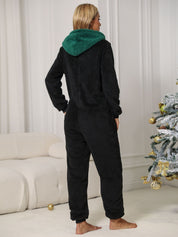 Pom-Pom Trim Zip Front Hooded Lounge Jumpsuit