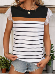 Perfee Lace Detail Striped Round Neck Cap Sleeve T-Shirt