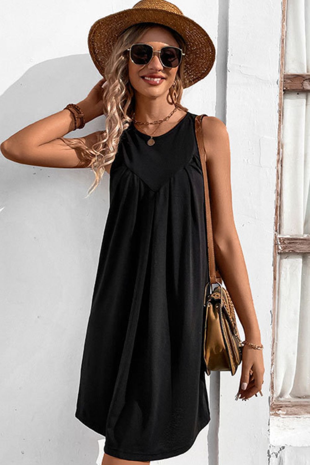 Perfee Round Neck Sleeveless Mini Dress