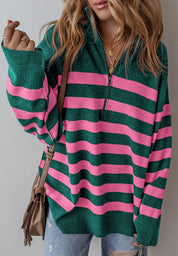 Contrast Striped Quarter Zip Long Sleeve Sweater