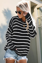 Striped Round Neck Drop Shoulder Sweater