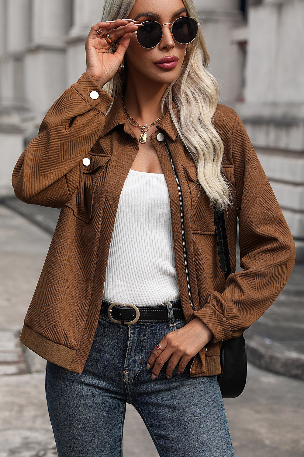 Perfee Textured Zip Up Collared Neck Jacket