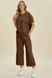 Double Take Full Size Texture Round Neck Top and Pants Set