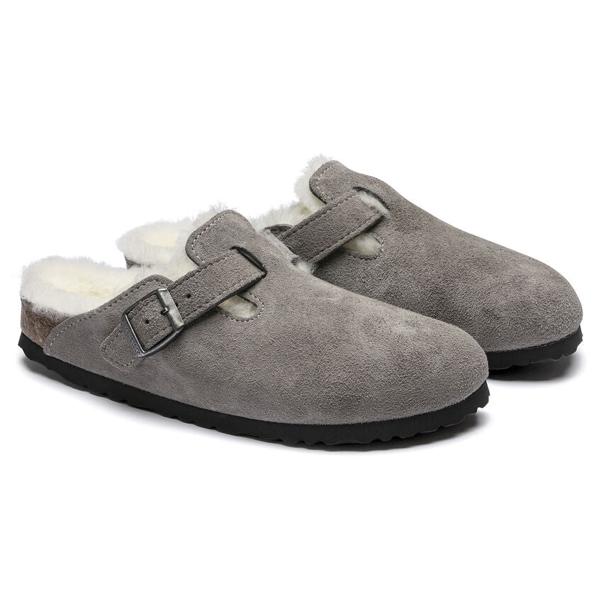 Birkenstock Boston Shearling Suede Leather Clog in Stone Coin