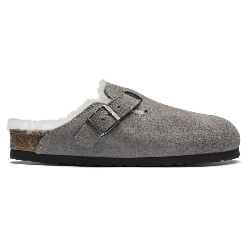 Birkenstock Boston Shearling Suede Leather Clog in Stone Coin