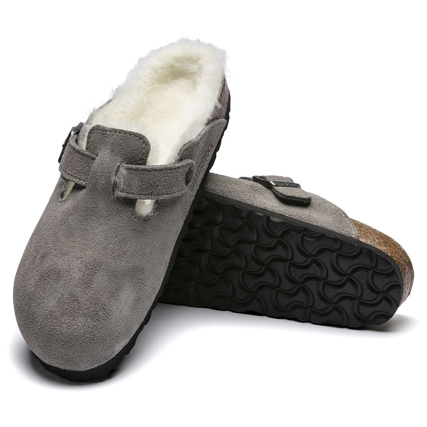 Birkenstock Boston Shearling Suede Leather Clog in Stone Coin