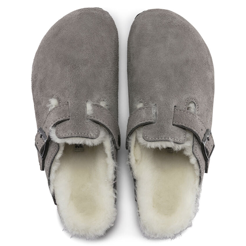 Birkenstock Boston Shearling Suede Leather Clog in Stone Coin