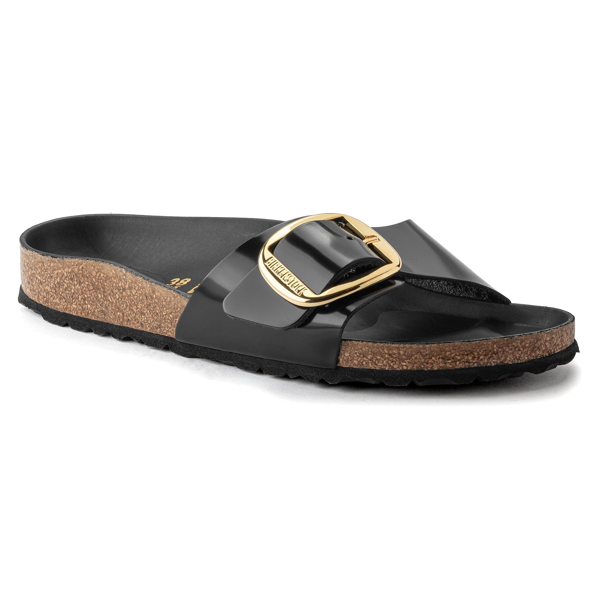 Birkenstock Madrid Big Buckle Natural Leather Patent in High Shine Black