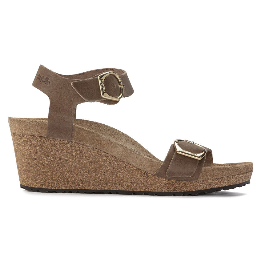 Birkenstock Soley Ring-Buckle Leather Wedge Sandal in Cognac