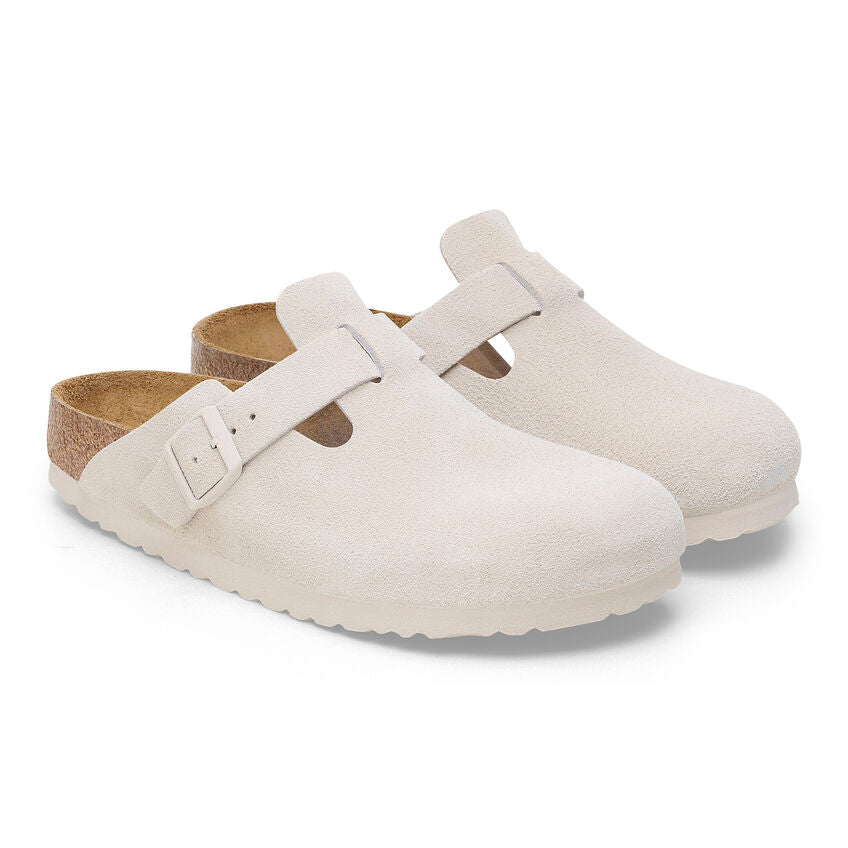 Birkenstock Boston Suede Leather Soft Footbed Clog in Antique White