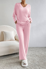 Ribbed V-Neck Top and Pants Lounge Set