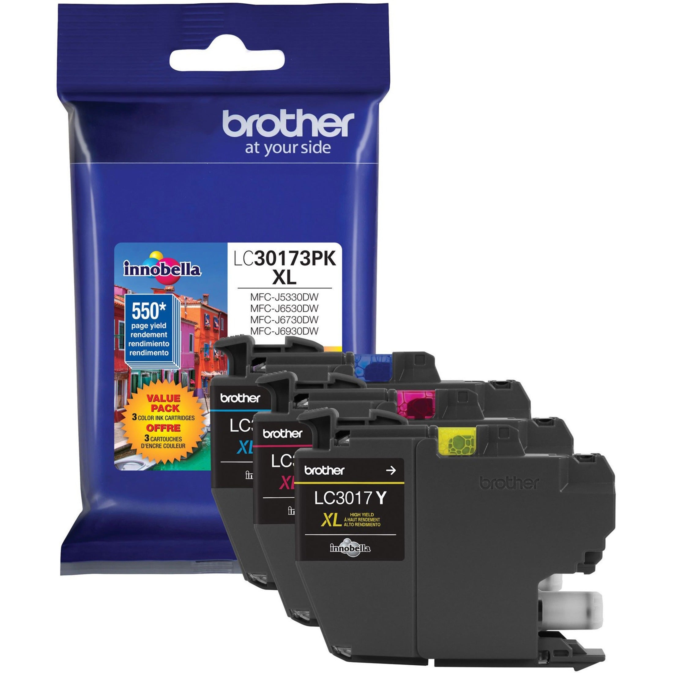 Brother LC30173PK Genuine 3 Pack High Yield Color Ink Cartridges, 550 Page Yield, AST