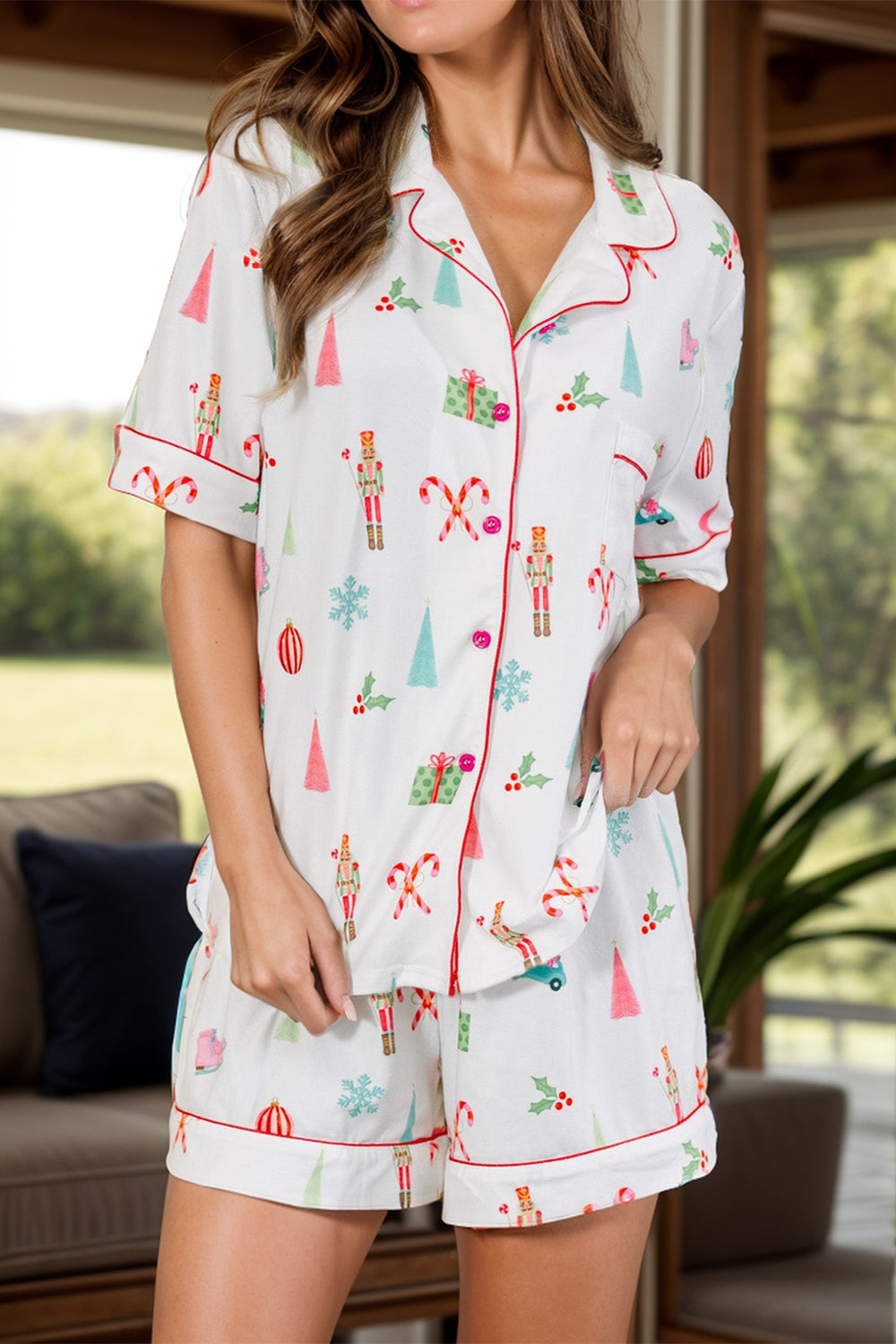 Printed Short Sleeve Top and Shorts Lounge Set