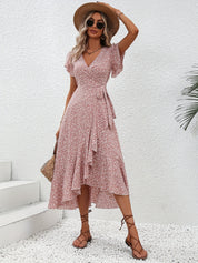 Printed Surplice Flutter Sleeve Midi Dress