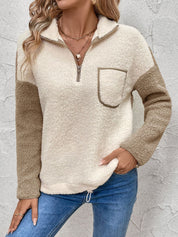 Perfee Contrast Half Zip Long Sleeve Sweatshirt