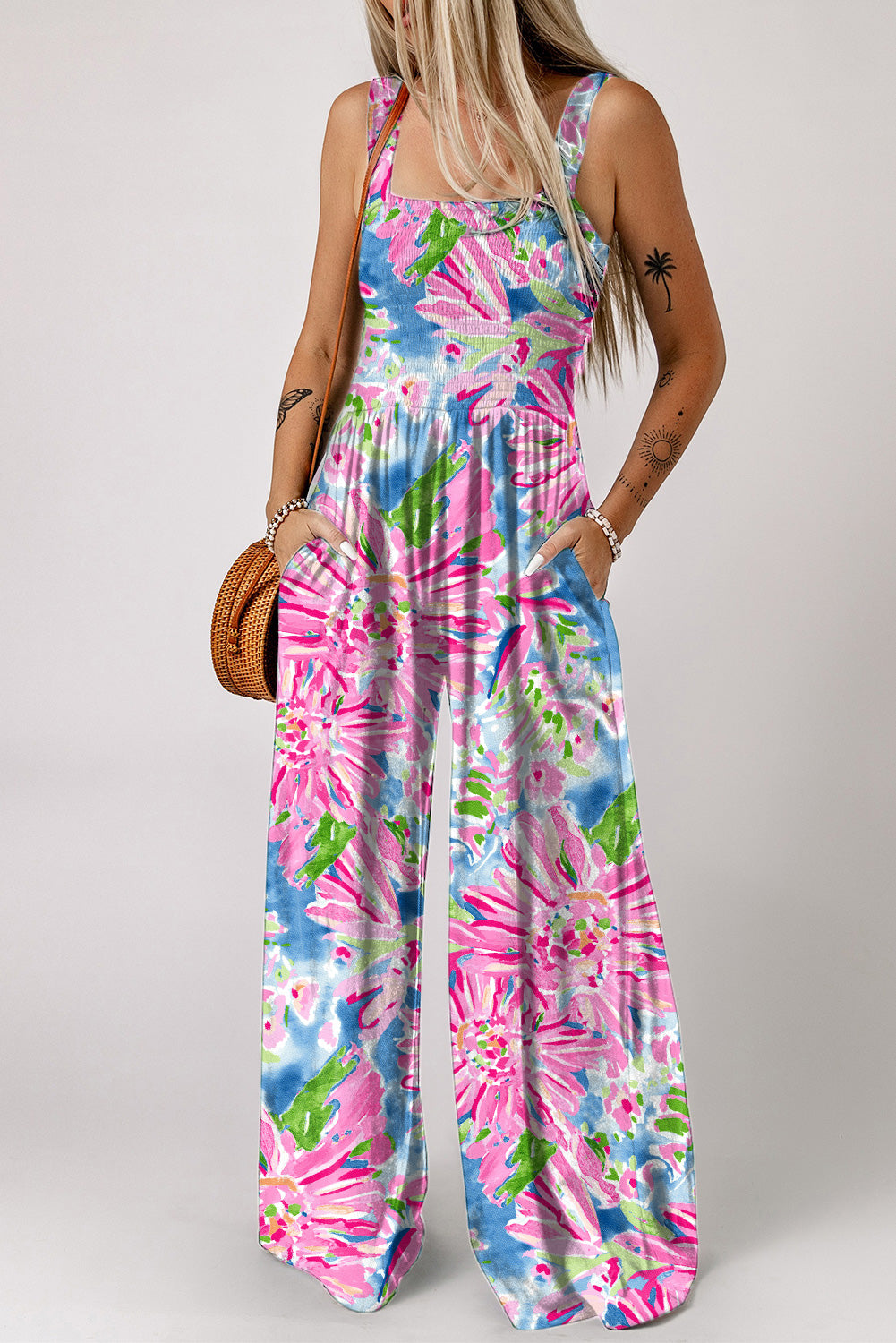 Floral Smocked Square Neck Jumpsuit with Pockets