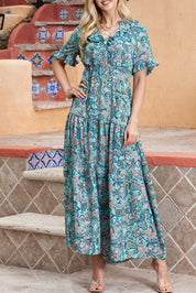 Paisley Print Flounce Sleeve Maxi Dress