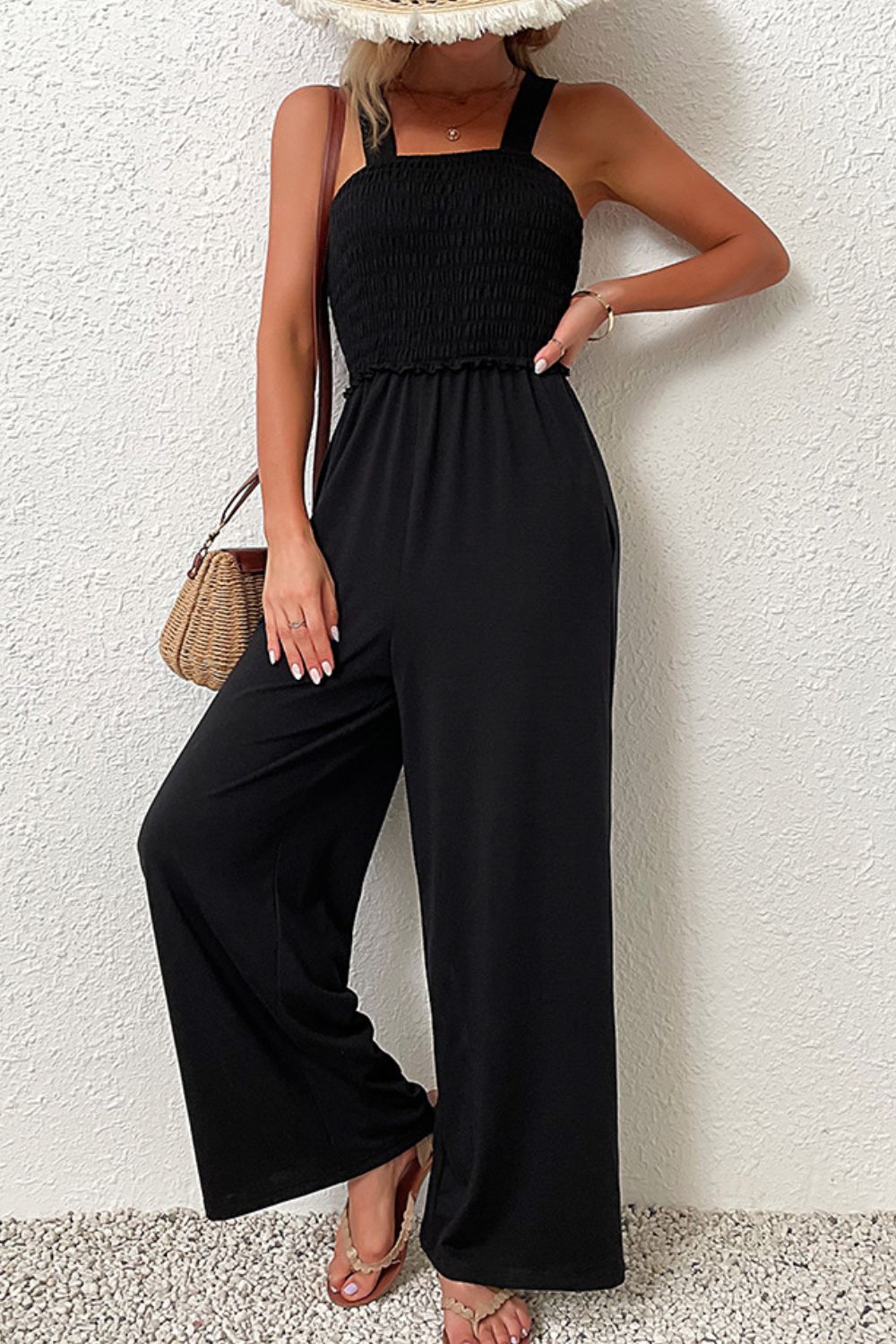 Perfee Smocked Sleeveless Wide Leg Jumpsuit with Pockets