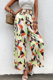 Shiny Printed Smocked Waist Wide Leg Pants