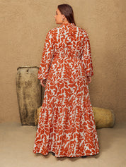 Plus Size Printed Notched Long Sleeve Maxi Dress