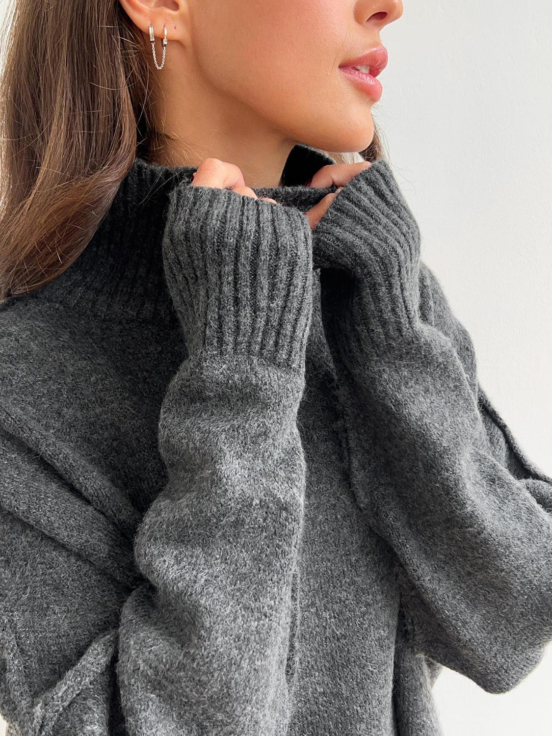 Slit Turtleneck Long Sleeve Top and Pants Sweater Set