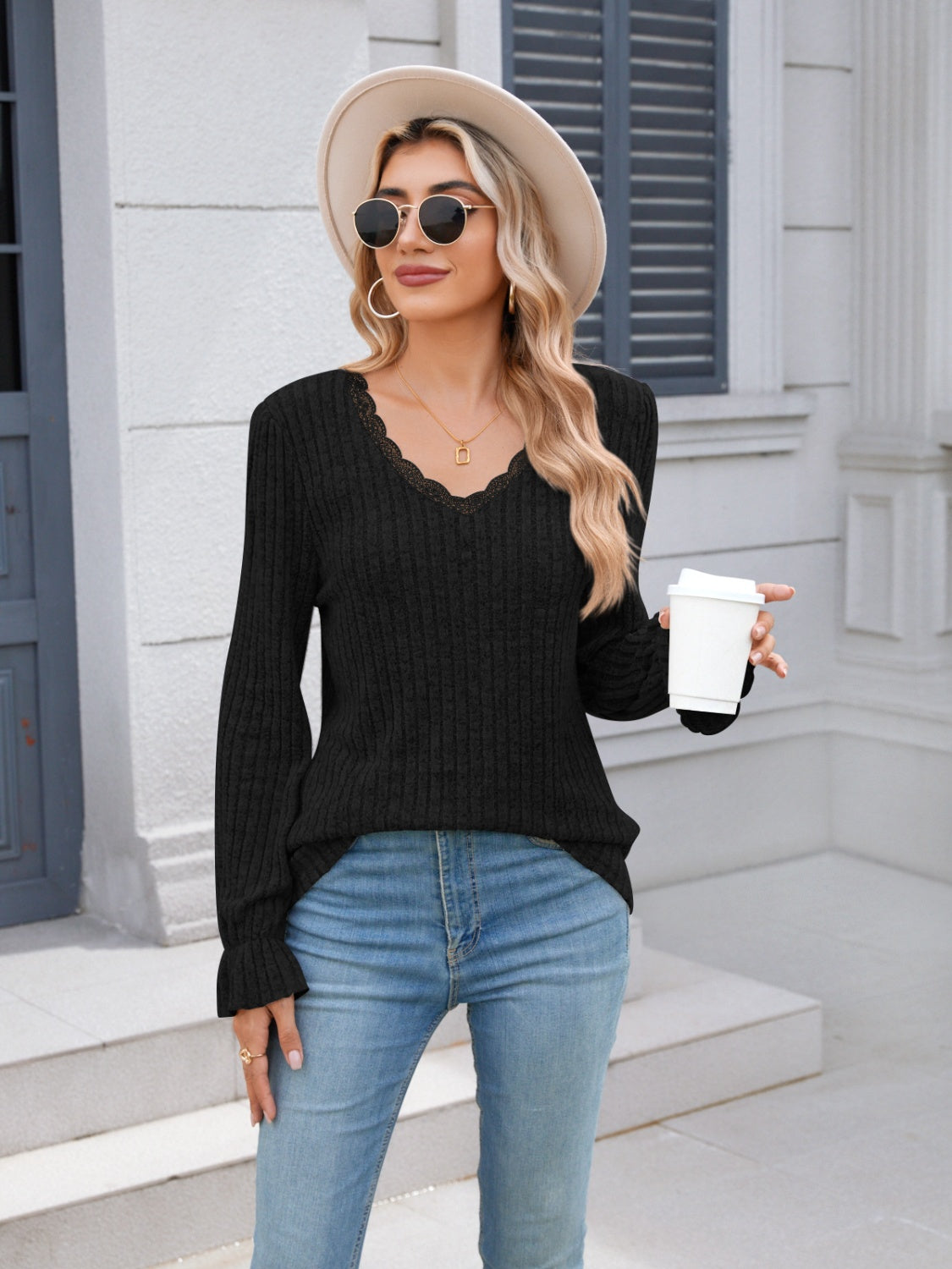 Lace Detail V-Neck Long Sleeve T-Shirt