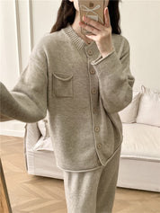 Pocketed Round Neck Button Up Cardigan and Pants Sweater Set