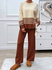 Devine Slit Striped Round Neck Top and Pants Sweater Set