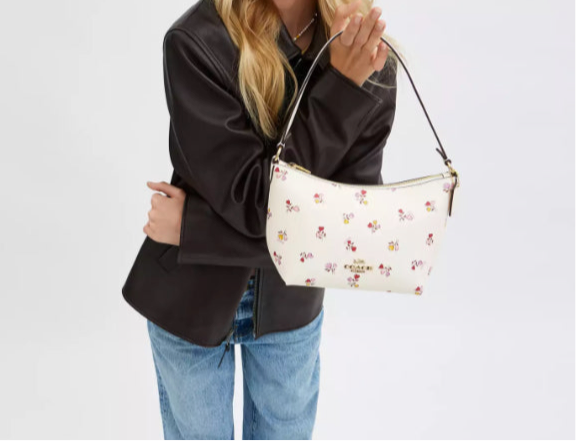 Coach Zip Top Shoulder Bag with Heart print Flowers In Gold/Chalk Multi