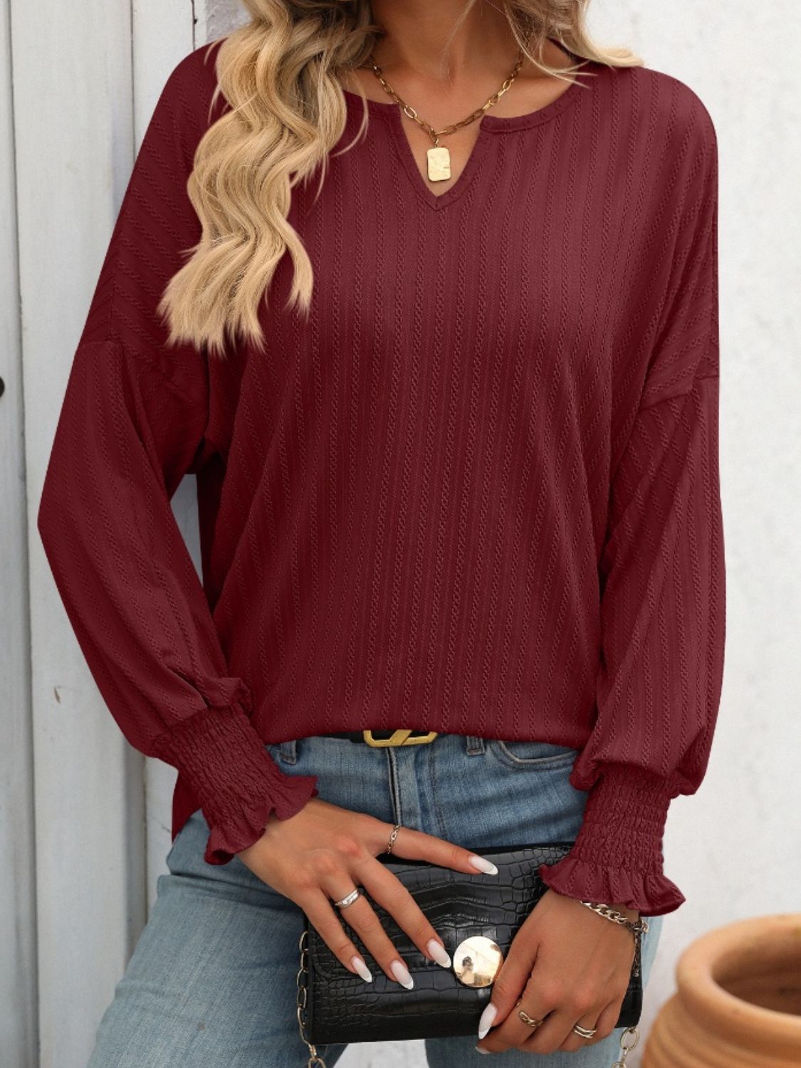 Mandy Textured Notched Lantern Sleeve T-Shirt