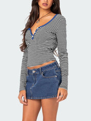 Buttoned Striped Long Sleeve T-Shirt