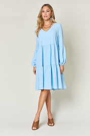 Double Take Full Size V-Neck Balloon Sleeve Tiered Dress with Pockets